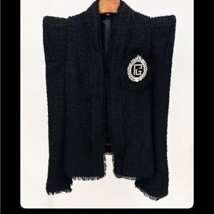 Black Textured Open Front Jacket with Embellished Logo